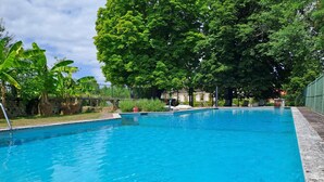 Una piscina rectangular con agua azul cristalina, rodeada por una solana de piedra y una valla de metal.