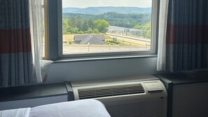Une chambre d’hôtel avec une grande fenêtre, un climatiseur et un lit.