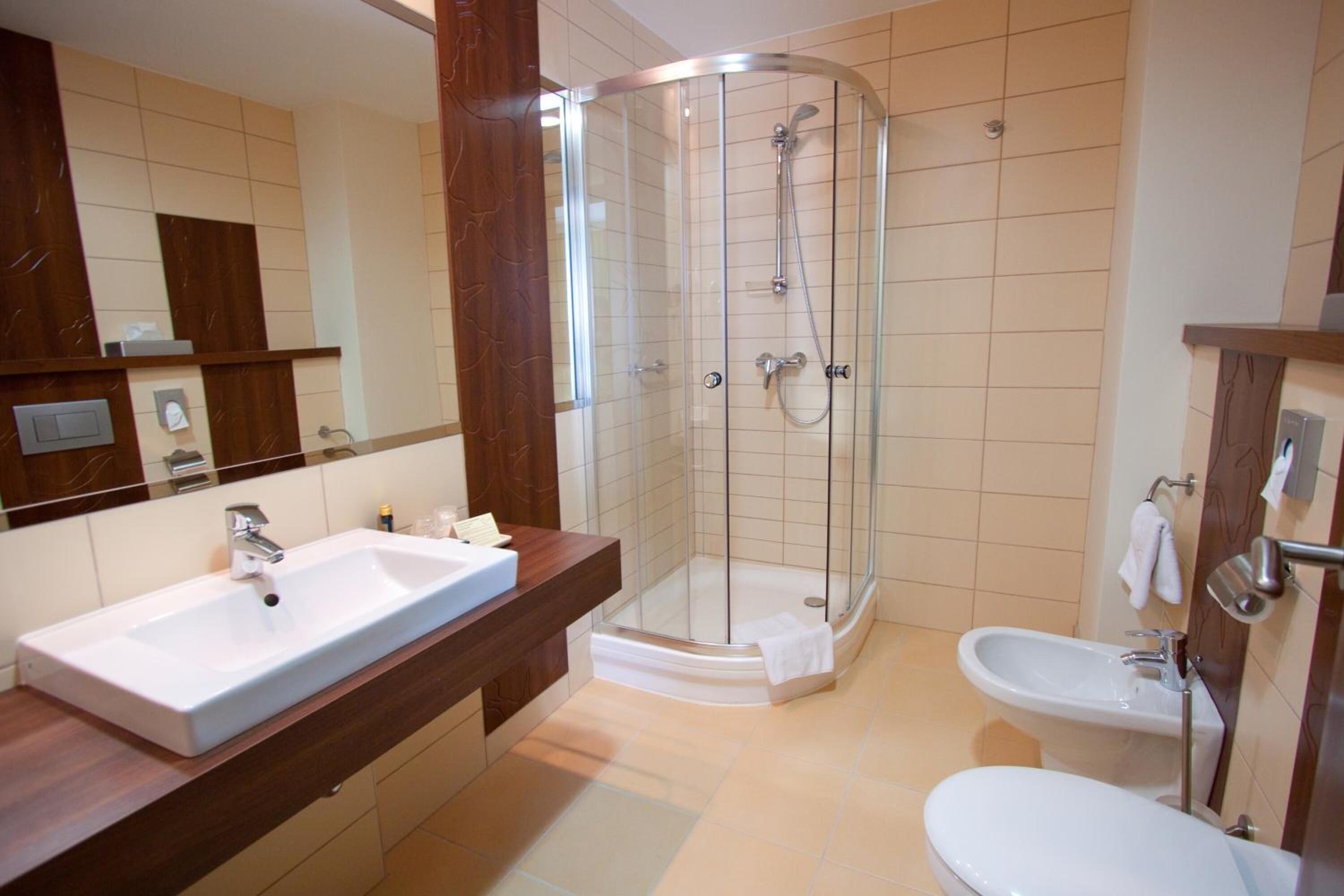 eco-friendly toiletries, hair dryer, bidet, towels