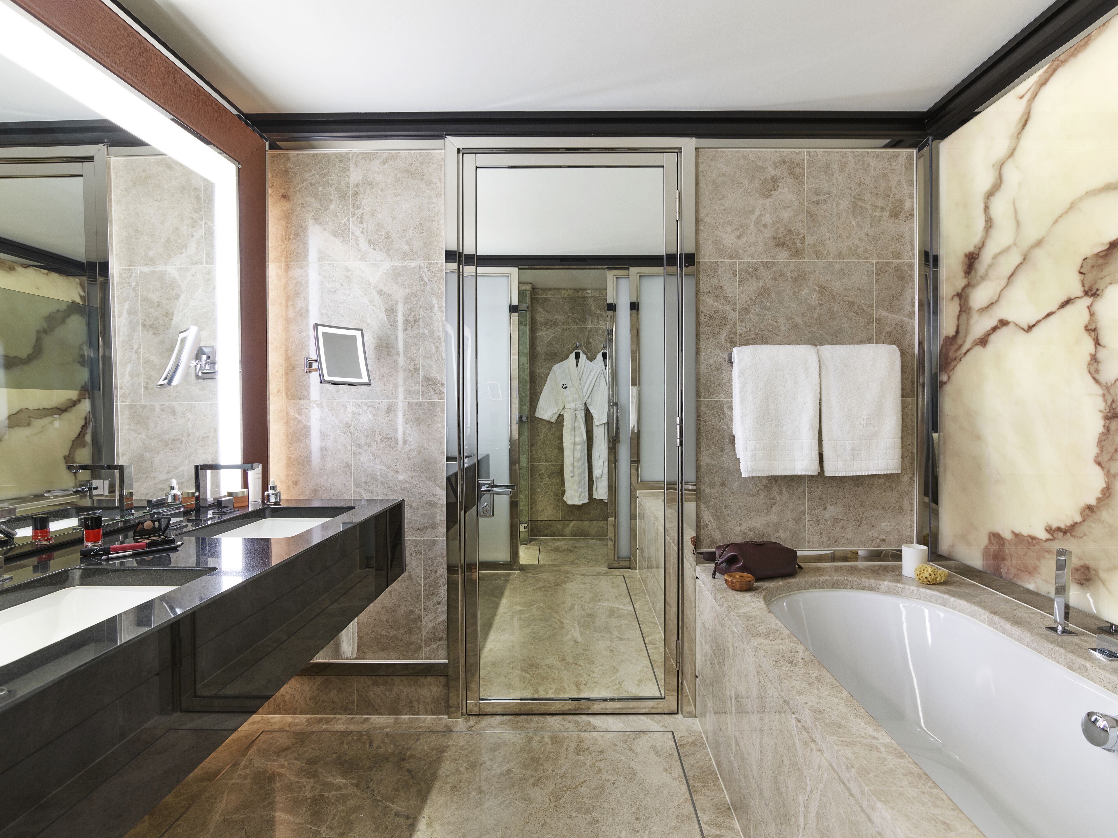 suite, balcony (london) | bathroom | separate bathtub and shower, rainfall showerhead, designer toiletries