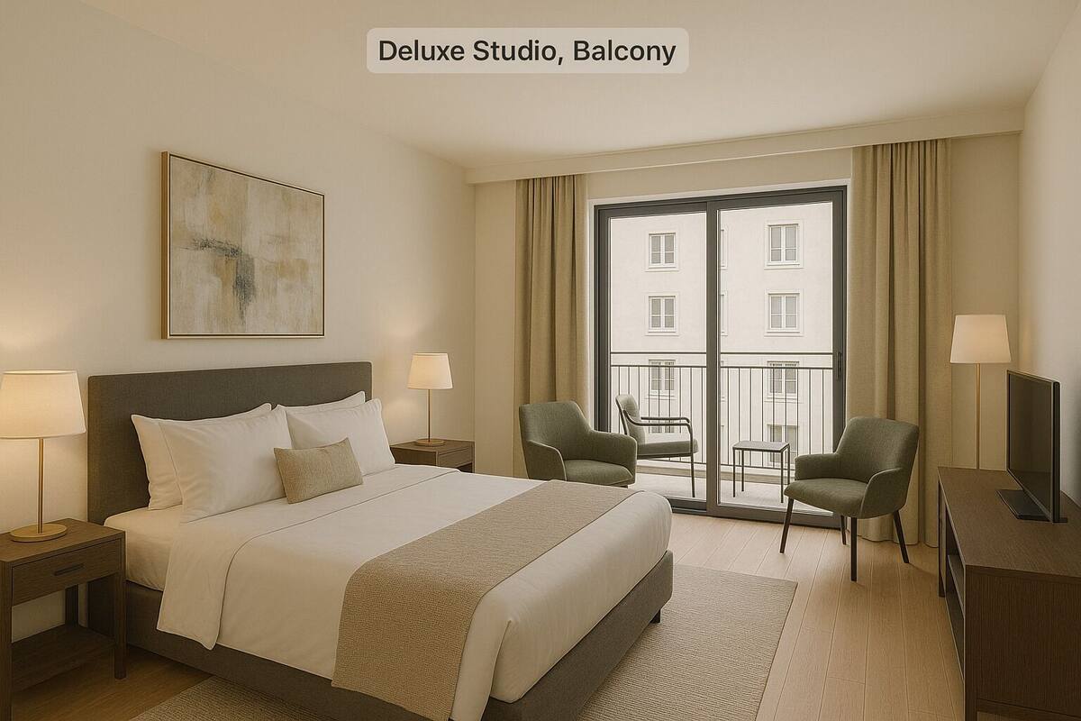 Estudio Deluxe, balcón | 1 habitación, muebles diferentes, escritorio y cortinas blackout