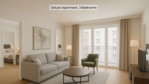 Un appartement de luxe comprenant trois chambres, avec un canapé, un fauteuil, une télévision et une grande fenêtre donnant sur un balcon.