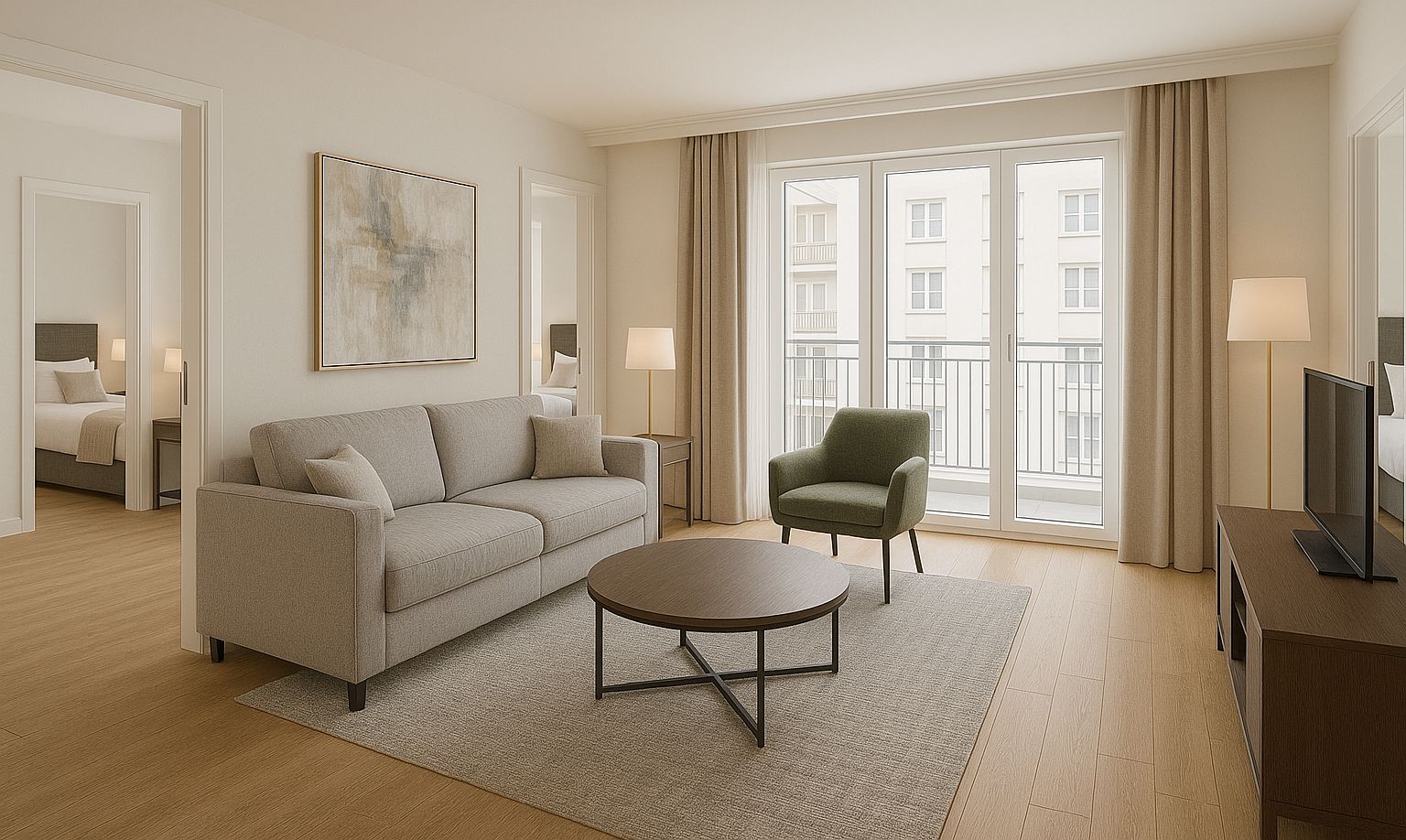 A deluxe apartment with 3 bedrooms, featuring a sofa, armchair, TV, and a large window with a balcony view.