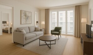 A deluxe apartment with 3 bedrooms, featuring a sofa, armchair, TV, and a large window with a balcony view. - asar Landmark Suites Mumbai International Airport by Orion Hotels (Mumbai)