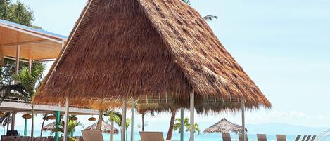 Alberca al aire libre y camastros