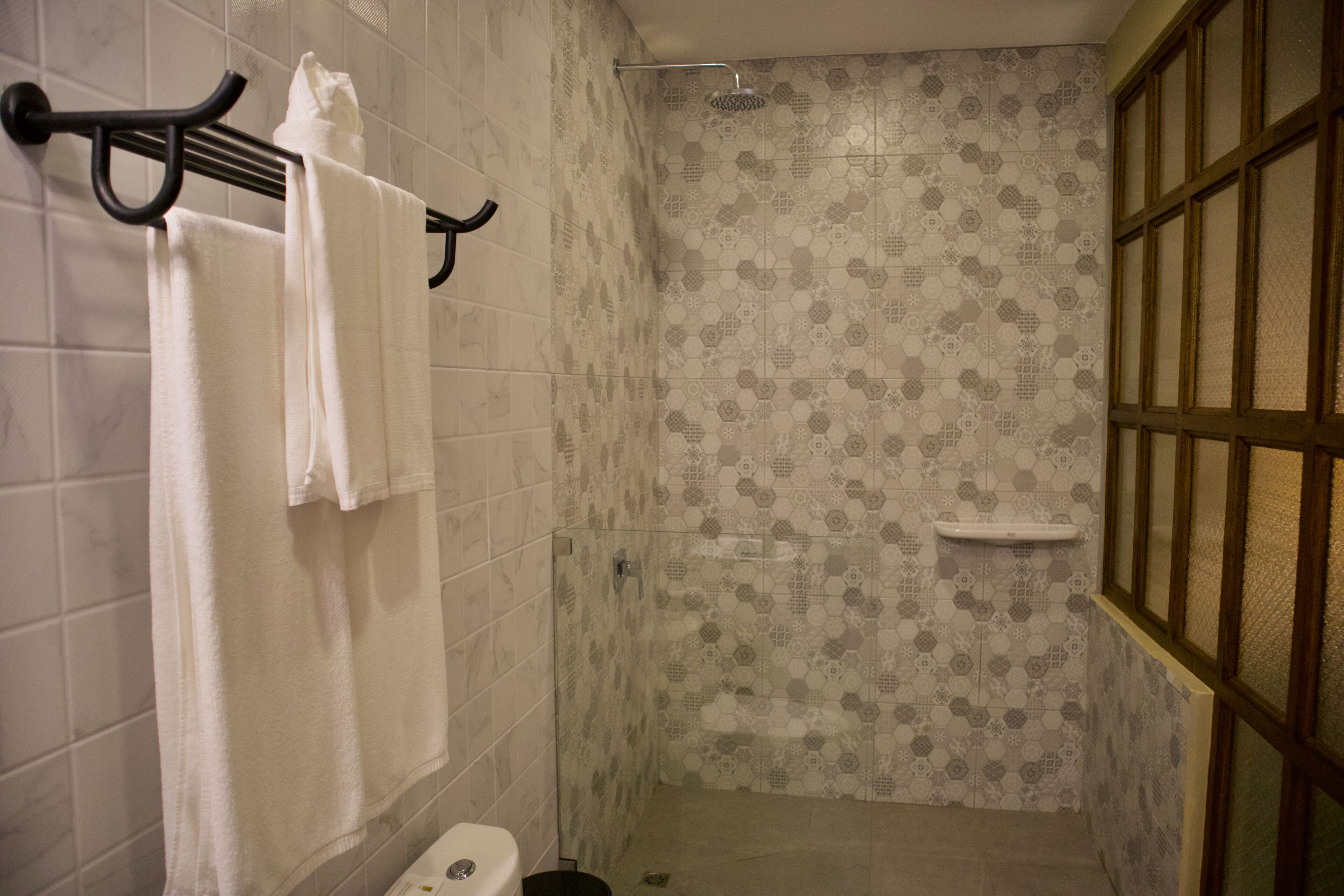 A bathroom with a toilet, a shower, and a towel rack.