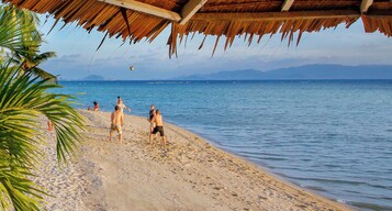 Una playa con una estructura de techo de paja, palmeras y una vista despejada del océano y montañas distantes.