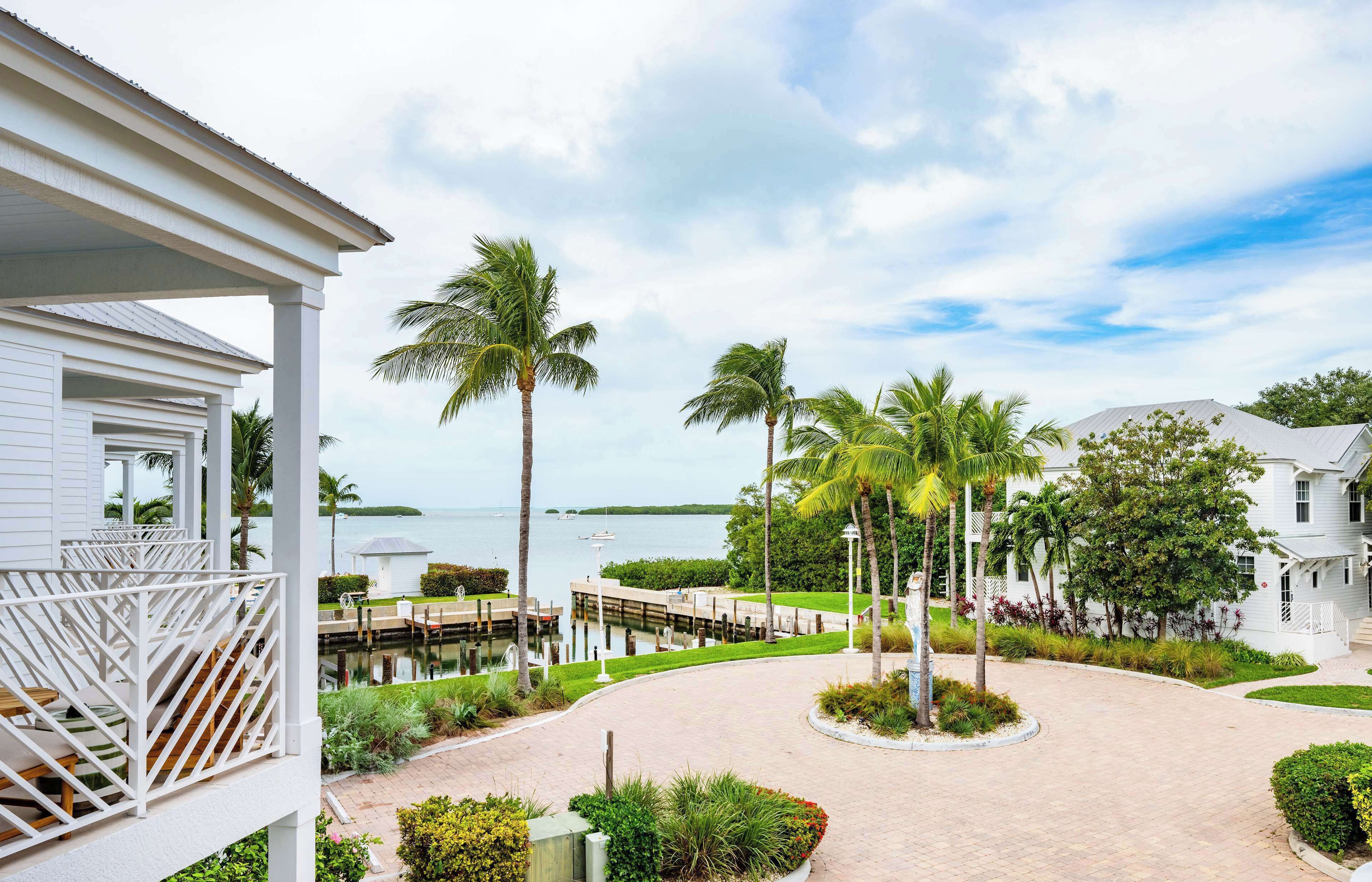 A resort with a covered outdoor area, palm trees, and a view of the water.