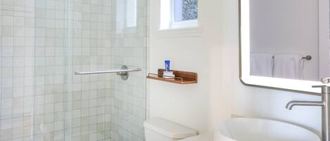 A bathroom with a glass-enclosed shower, a toilet, a sink, and a mirror.