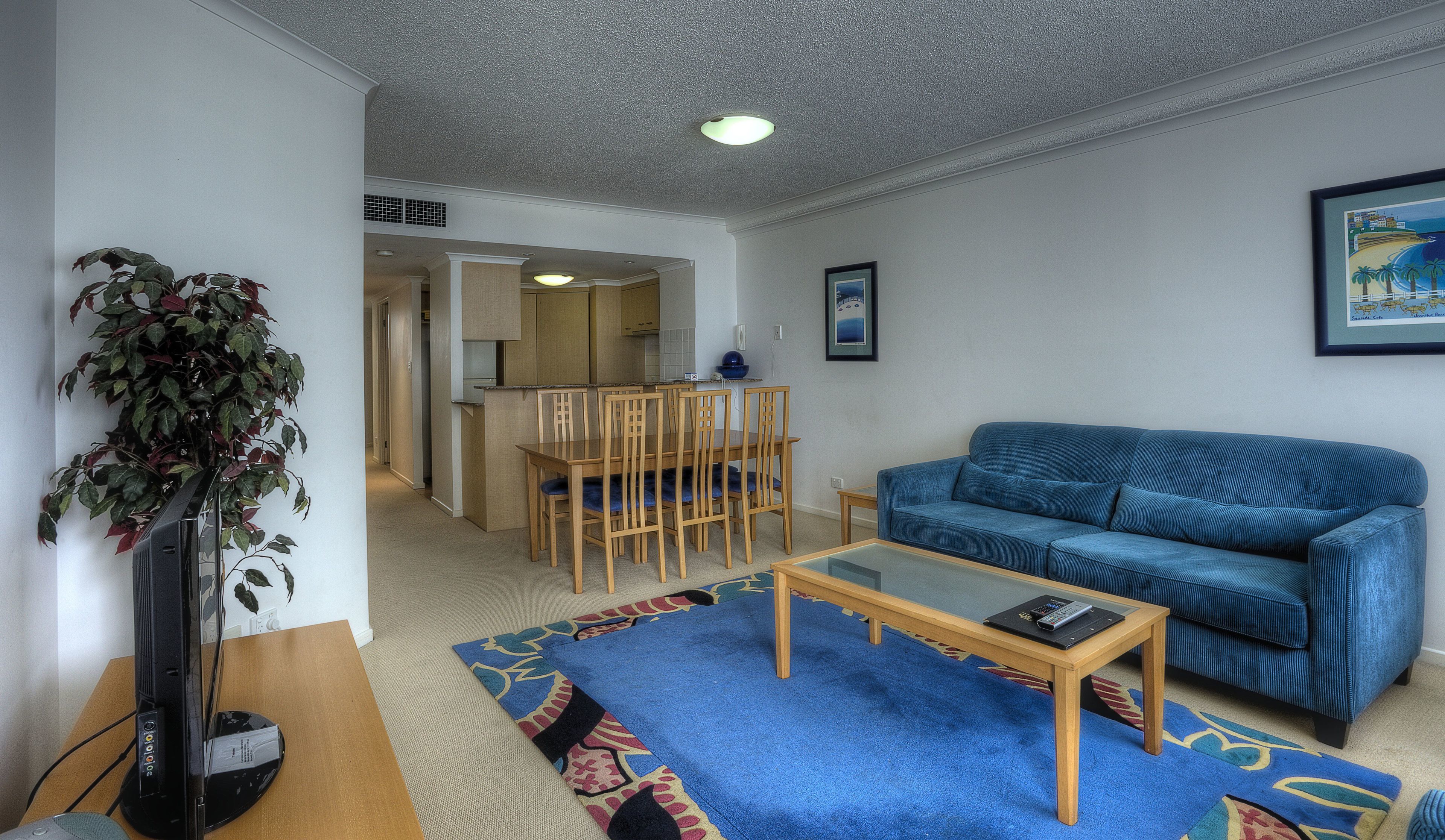 A living room with a blue sofa, a coffee table, a TV, and a plant.
