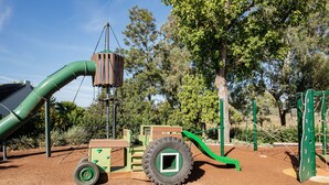 A playground with a slide, climbing structures, and a tire-shaped climbing frame. - Camden Valley Inn (Cawdor)