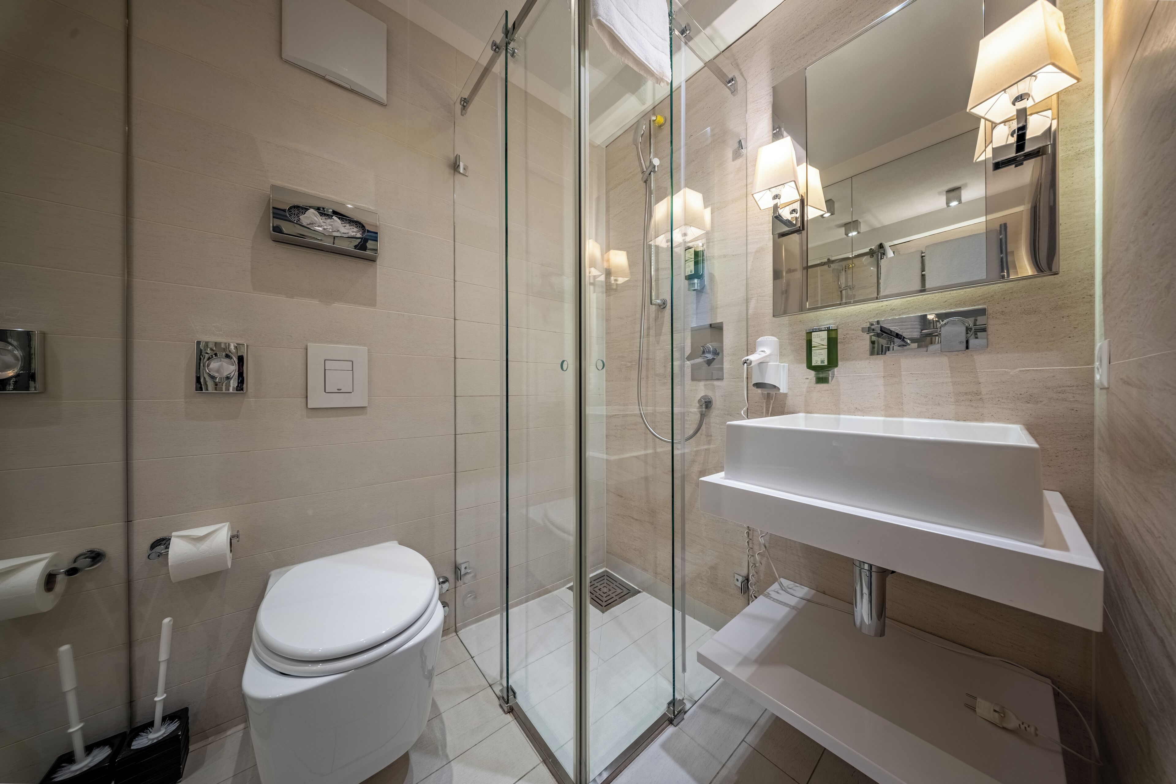 family room with bunk bed | bathroom | shower, hair dryer, towels