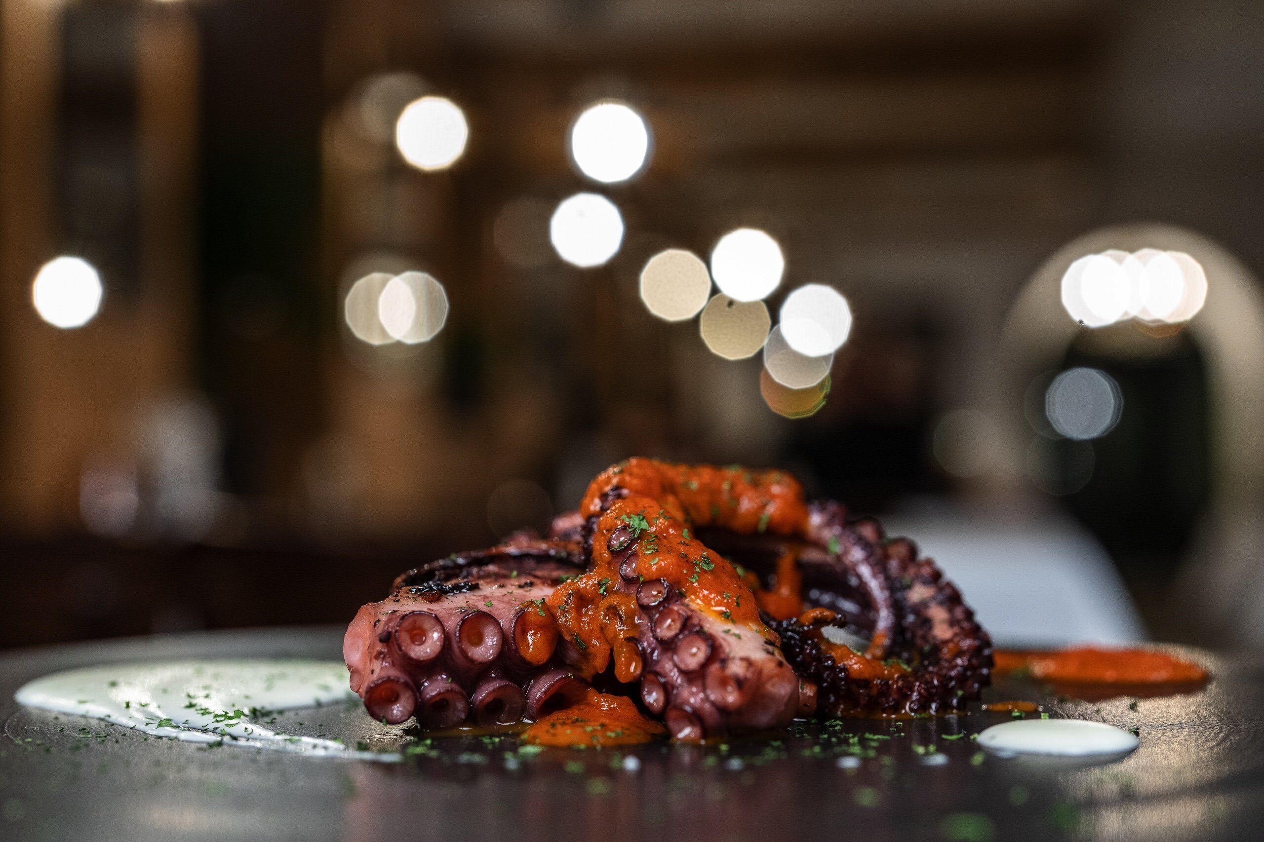 Close-up van gegrilde octopus op een bord, met een vage achtergrond van lichtjes.