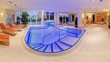 Indoor pool, outdoor pool, open 8:00 AM to 8:00 PM, pool umbrellas