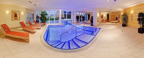 Indoor pool, outdoor pool, open 8:00 AM to 8:00 PM, pool umbrellas