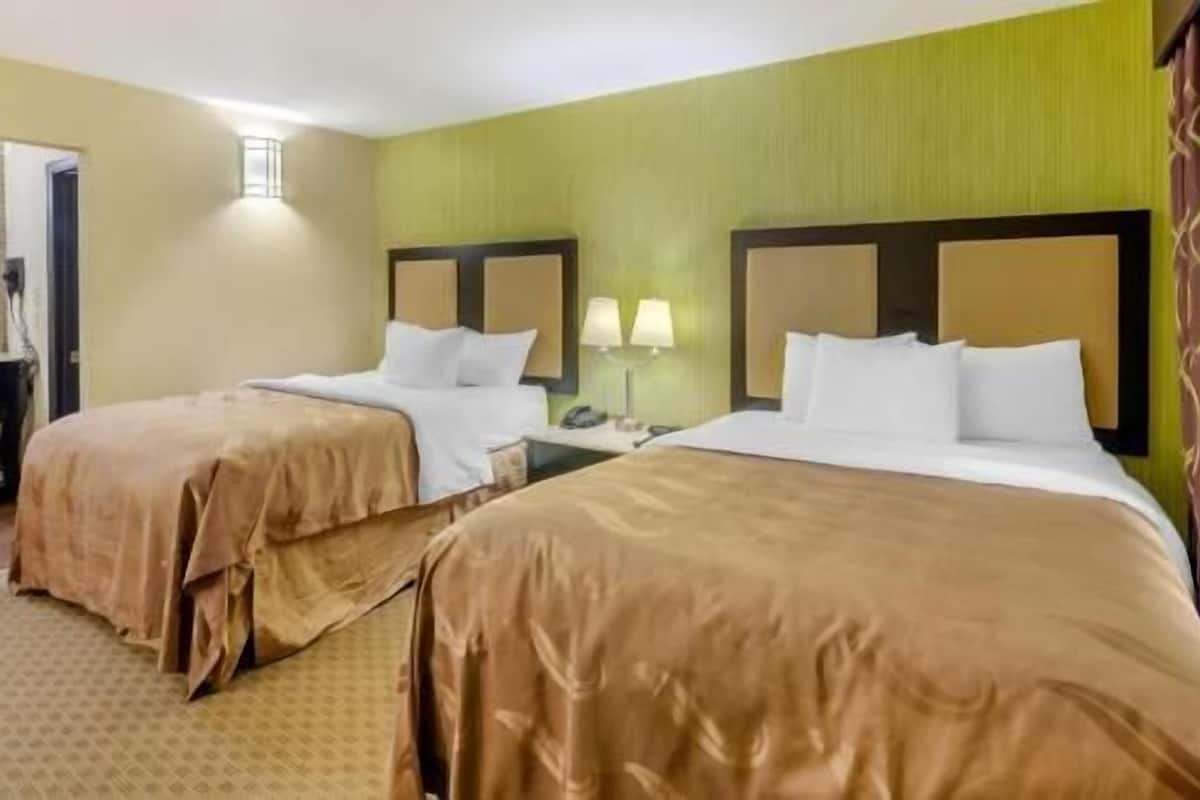 Quarto de hotel com duas camas, uma mesa de cabeceira, uma luminária e um telefone.