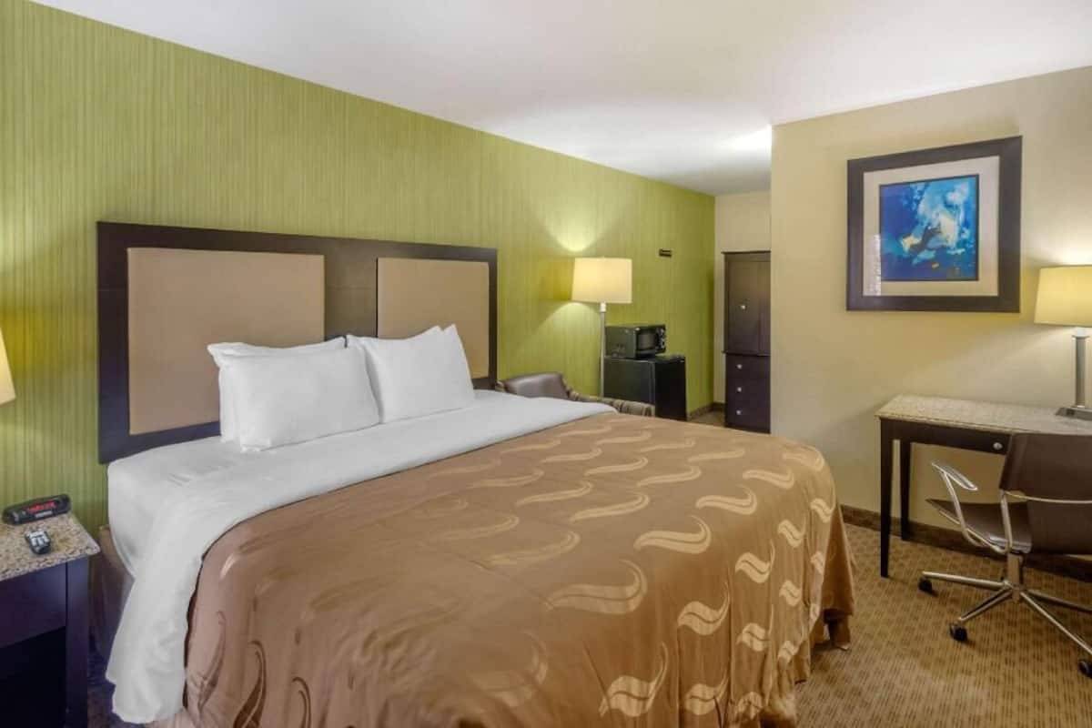 Habitación de hotel con cama, escritorio, silla, lámpara y un cuadro en la pared.