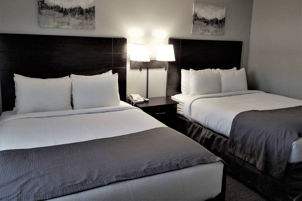 Ein Hotelzimmer mit zwei Betten, einem Nachttisch mit Lampe und Bildern an der Wand.