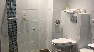 A modern bathroom with a shower, two toilets, and a sink.