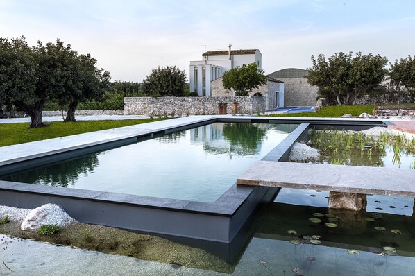 Piscine extérieure, piscine naturelle, chaises longues