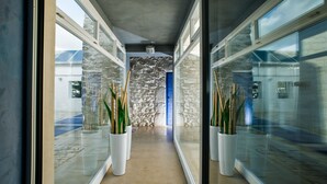 A corridor with glass walls, potted plants, and a stone wall with a blue door. - Balarte Hotel (Modica)