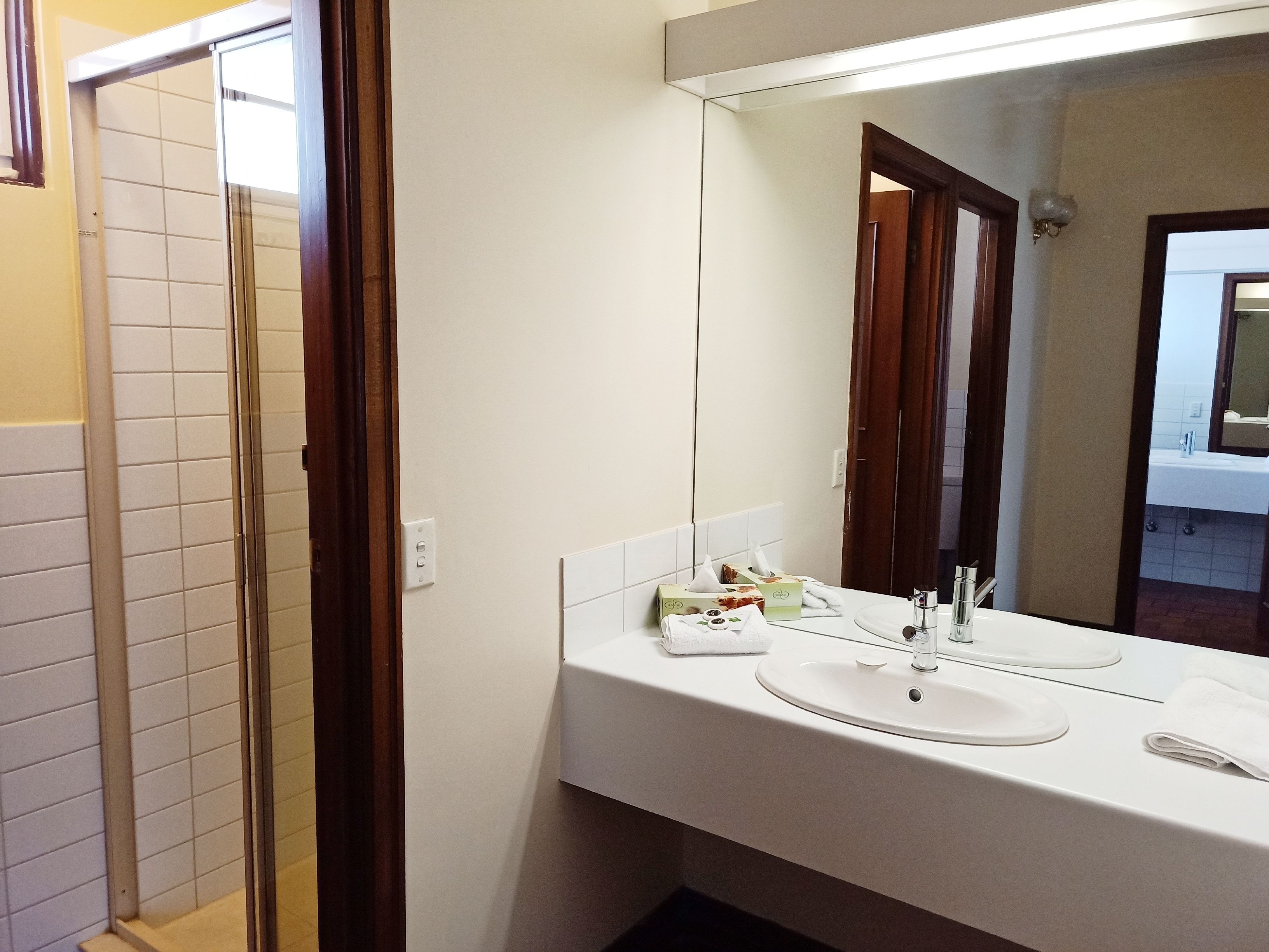 A bathroom with two sinks, a mirror, and a towel rack.