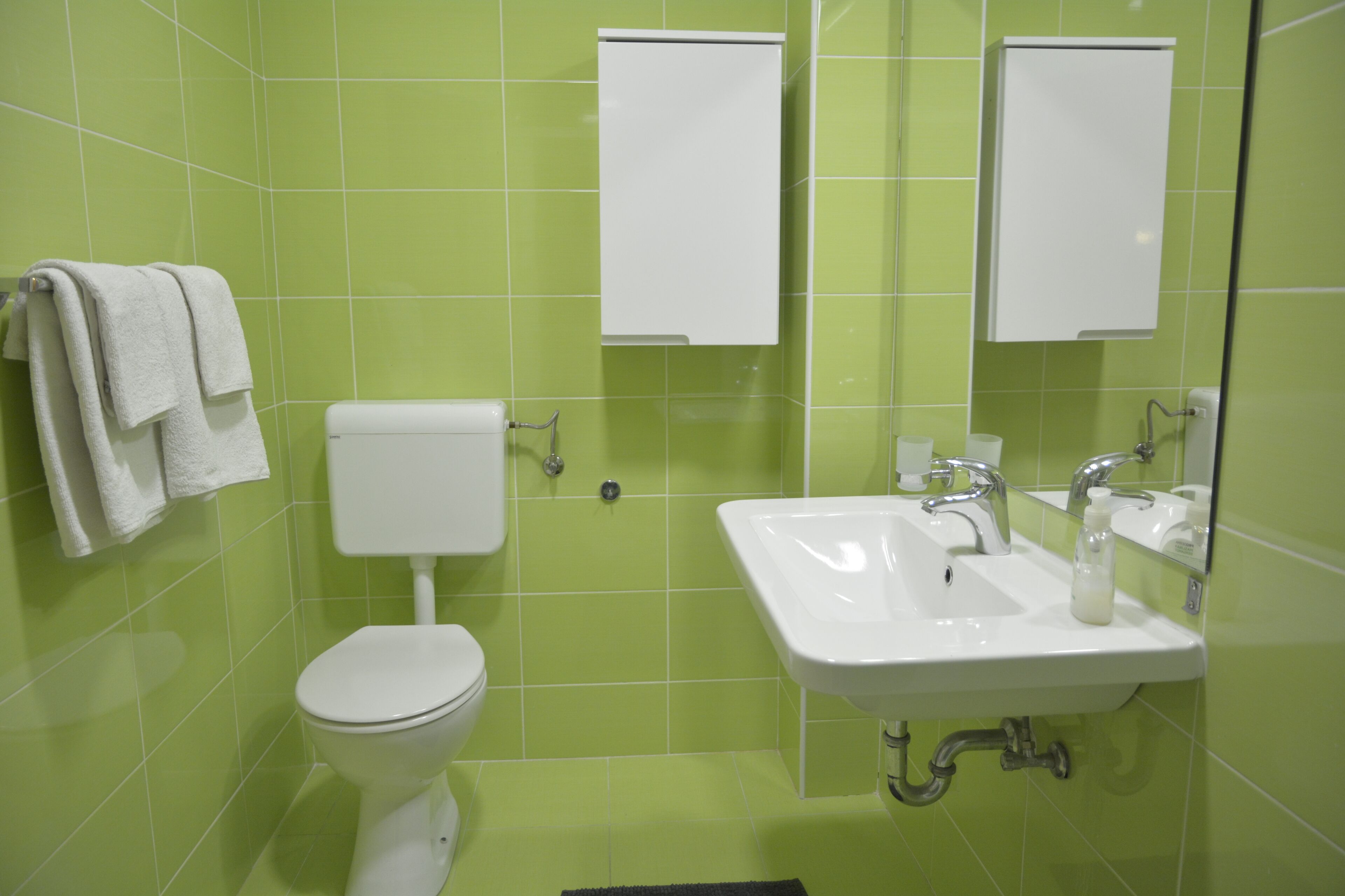 Une salle de bain équipée de toilettes, d’un lavabo et de deux armoires à pharmacie.