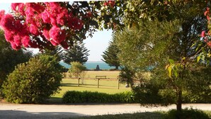 Un parc avec un sentier, des bancs et une vue sur la mer.