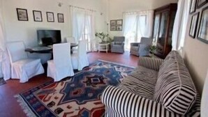 A living room with a sofa, chairs, a TV, and a patterned rug. - Casali Romei - Apartments (Sarzana)