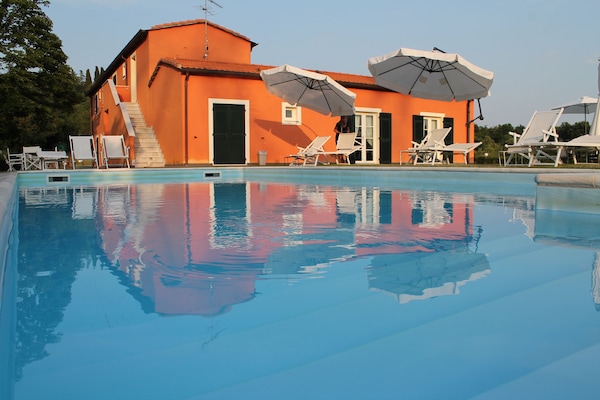 Una piscina al aire libre, sombrillas, sillones reclinables de piscina