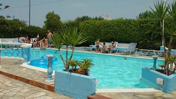 Outdoor pool, open 10 AM to 7 PM, pool umbrellas