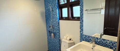 Un bagno moderno con un lavandino grande, un water e una doccia.