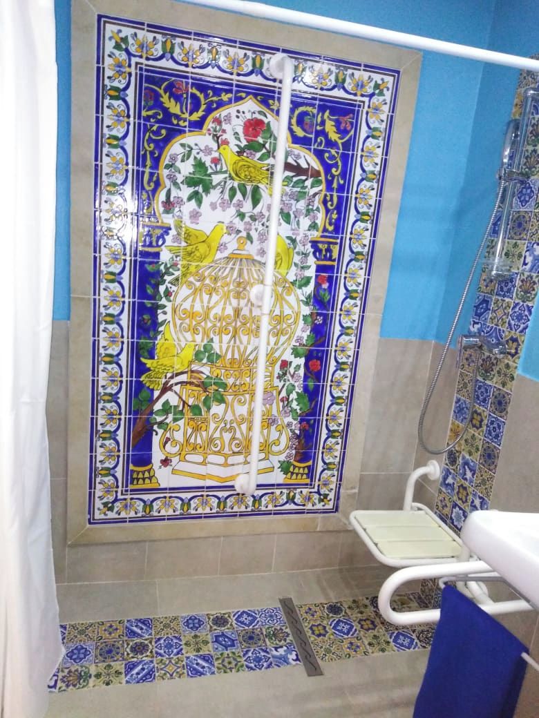 A bathroom with a shower enclosure featuring a decorative tile design.