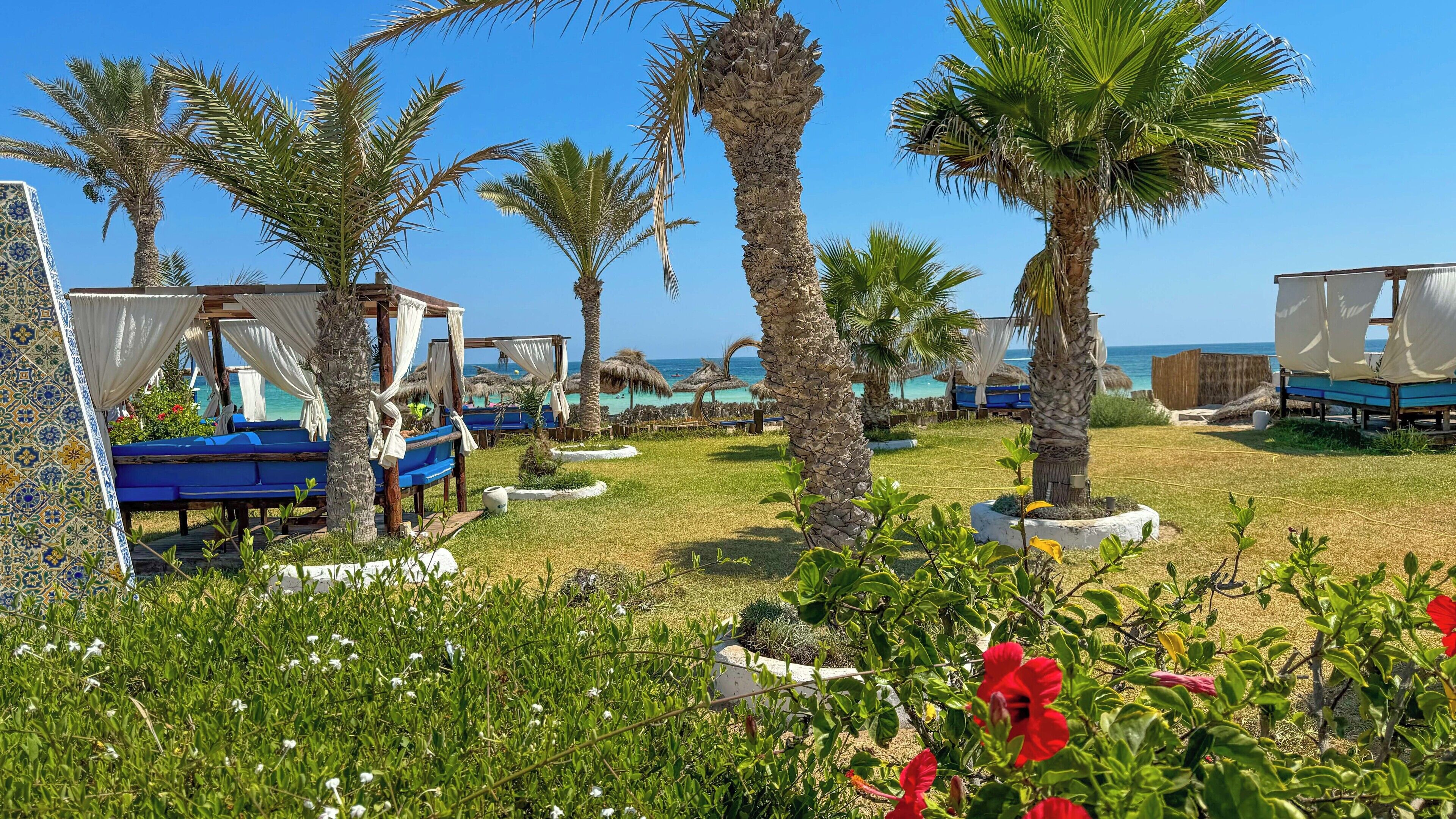 A beachside resort with thatched-roof huts, palm trees, and blue lounge chairs.