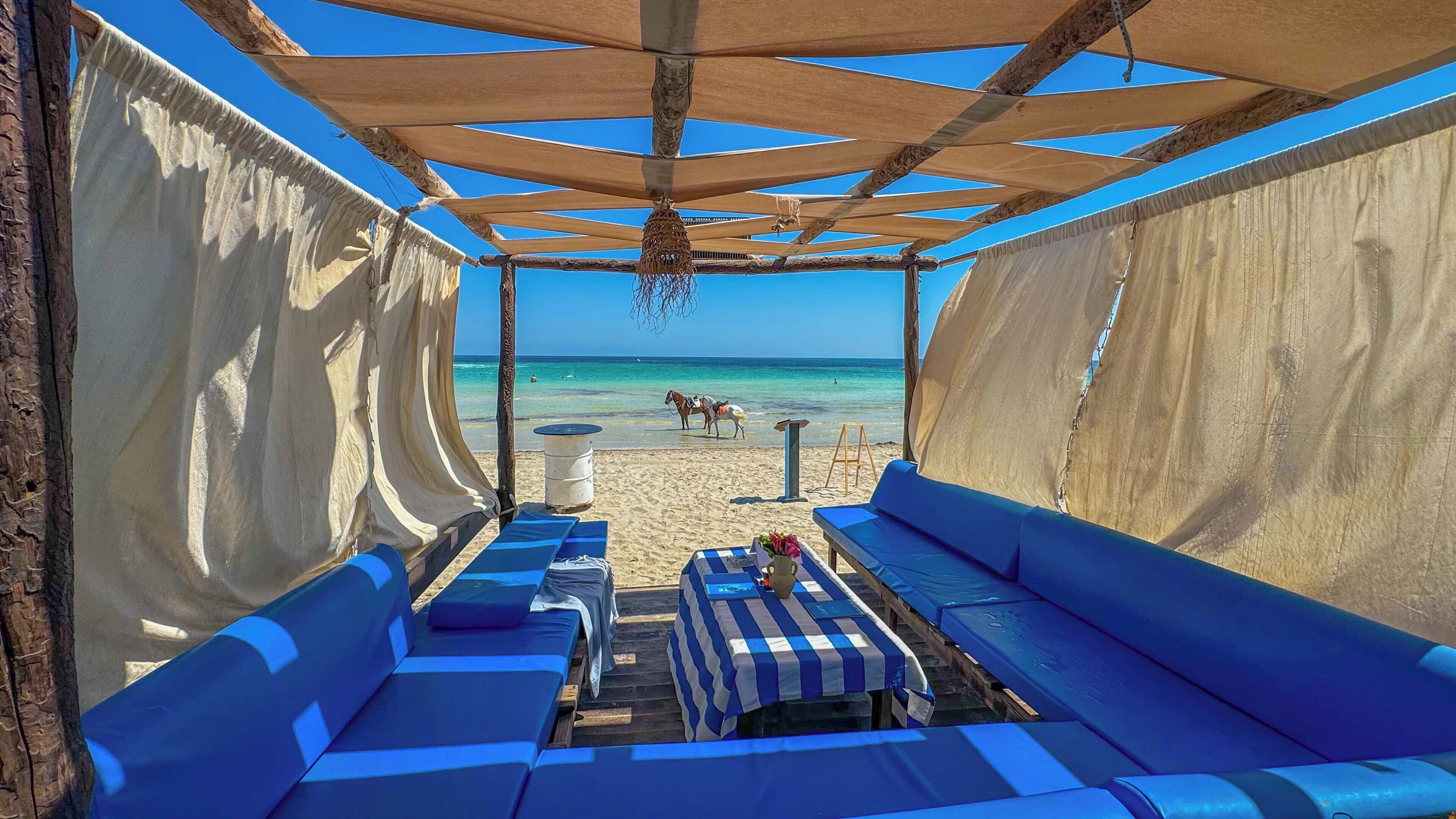 Un cabanon de plage avec des sièges bleus et moelleux et une vue sur l’océan.