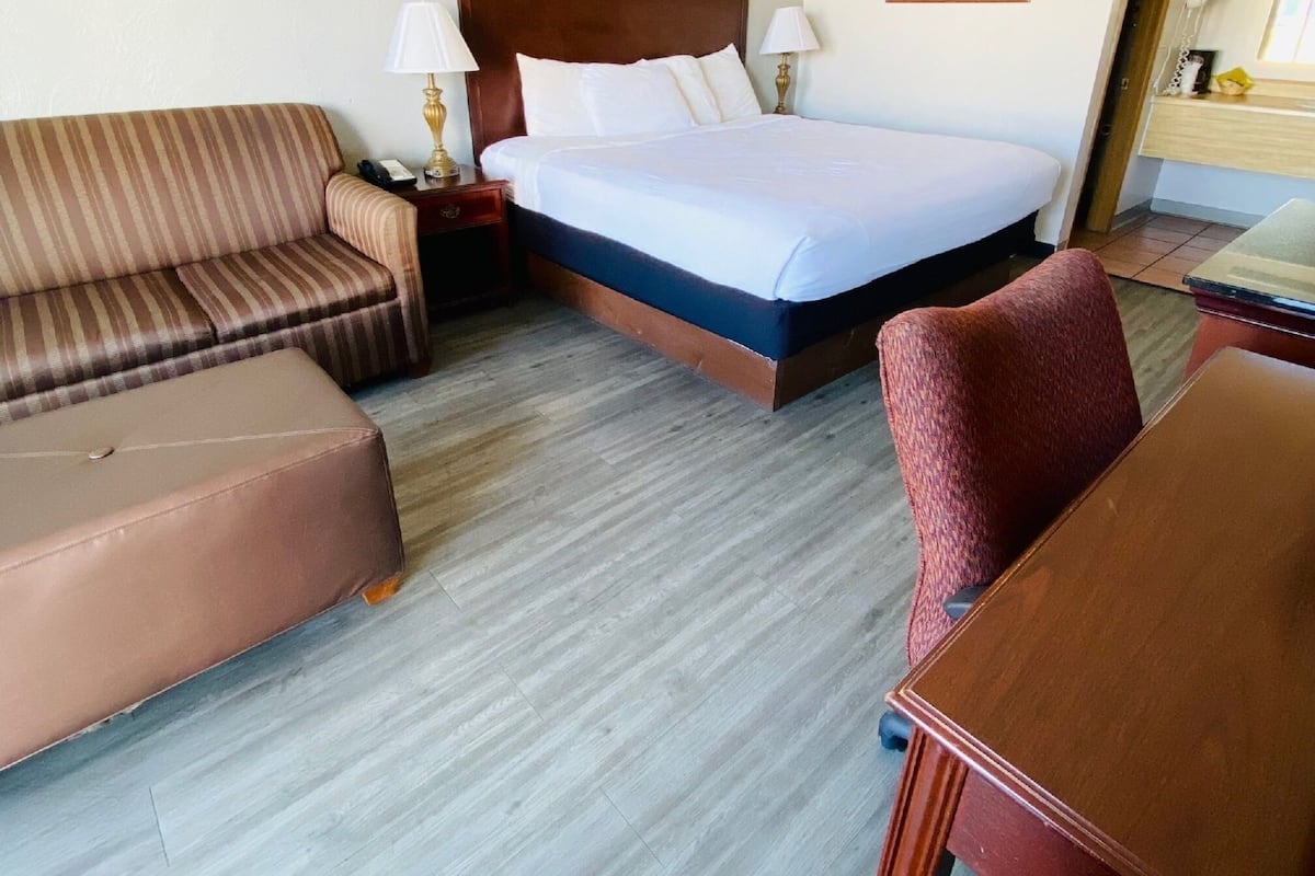 A hotel room with a bed, a sofa, a chair, a desk, and a nightstand with lamps.