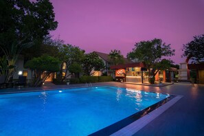 Outdoor pool, pool umbrellas, pool loungers