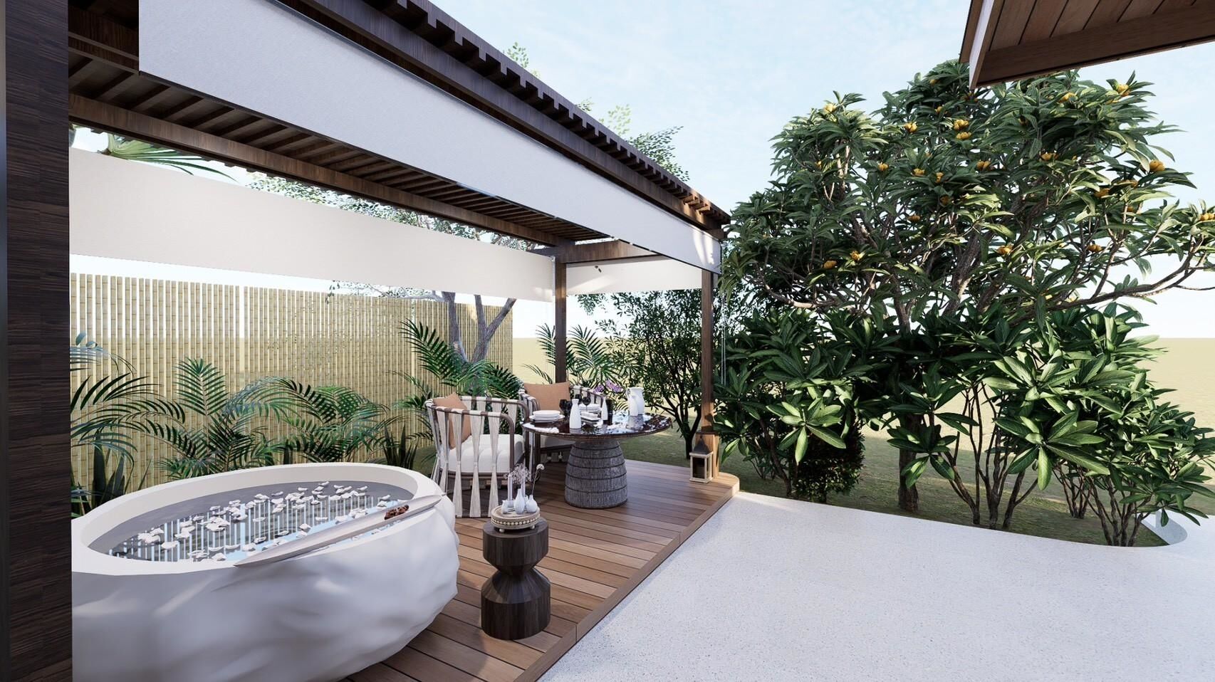 A modern outdoor patio with a built-in hot tub, wooden deck, and various seating options.