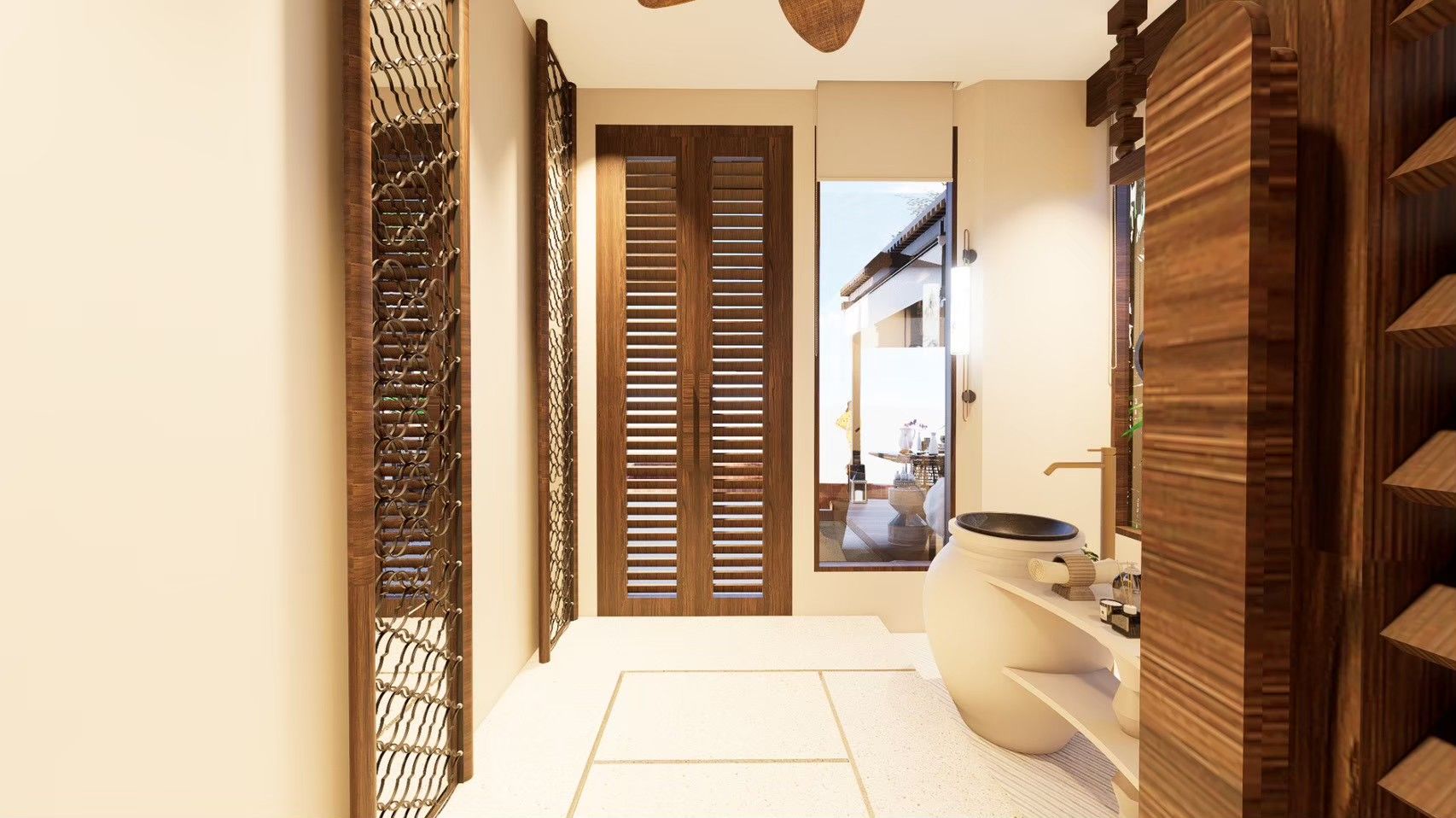 Un baño moderno con una bañera grande, un lavamanos y una puerta de madera con mosquitera.
