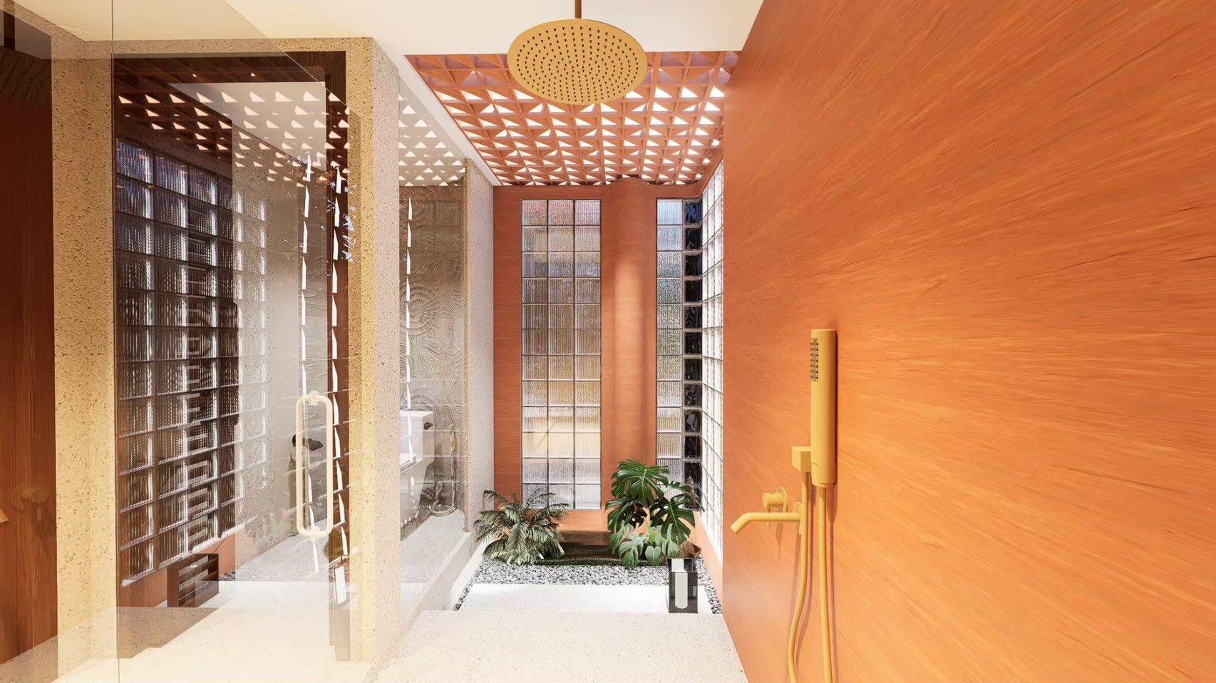 Un interior moderno con una pared de madera, un panel de vidrio y un techo con diseño geométrico.