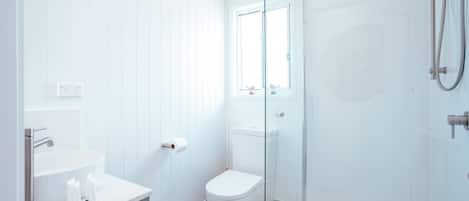 Un baño moderno con ducha de vidrio, un lavabo blanco y un inodoro.