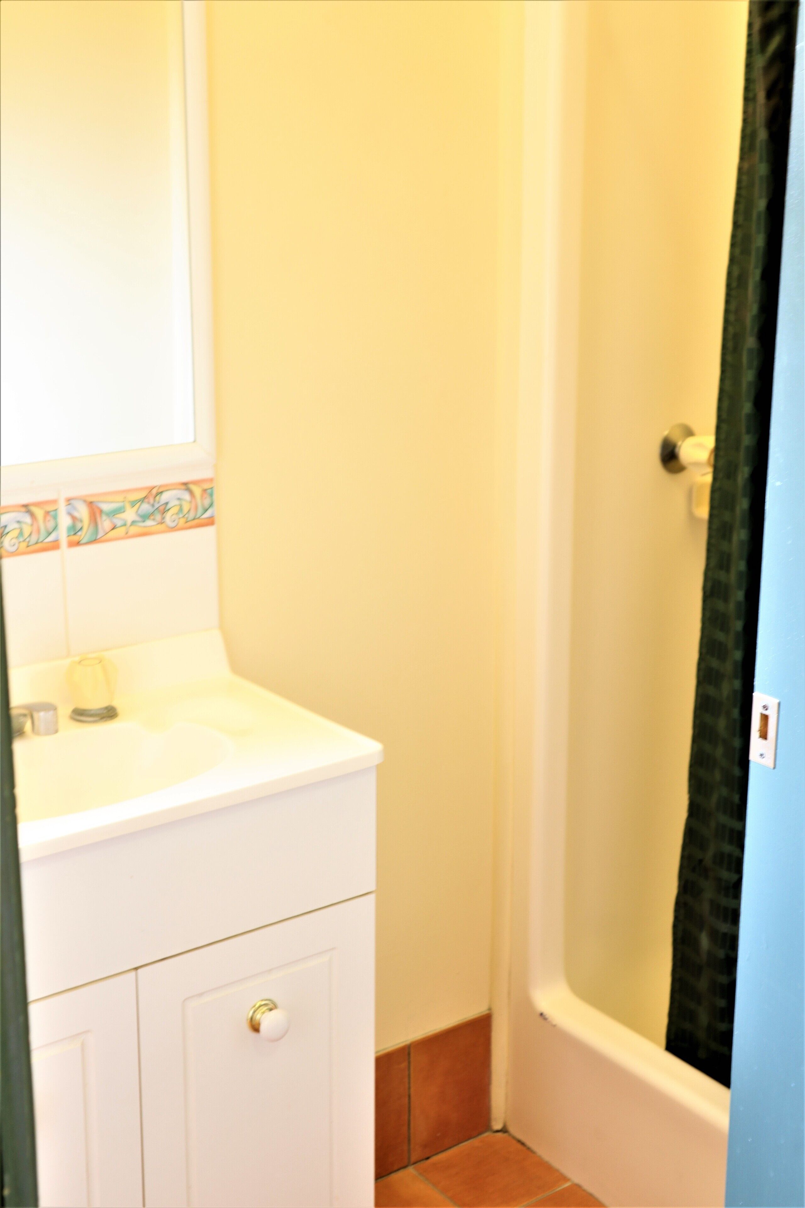 A bathroom with a white sink, a mirror, and a shower curtain.