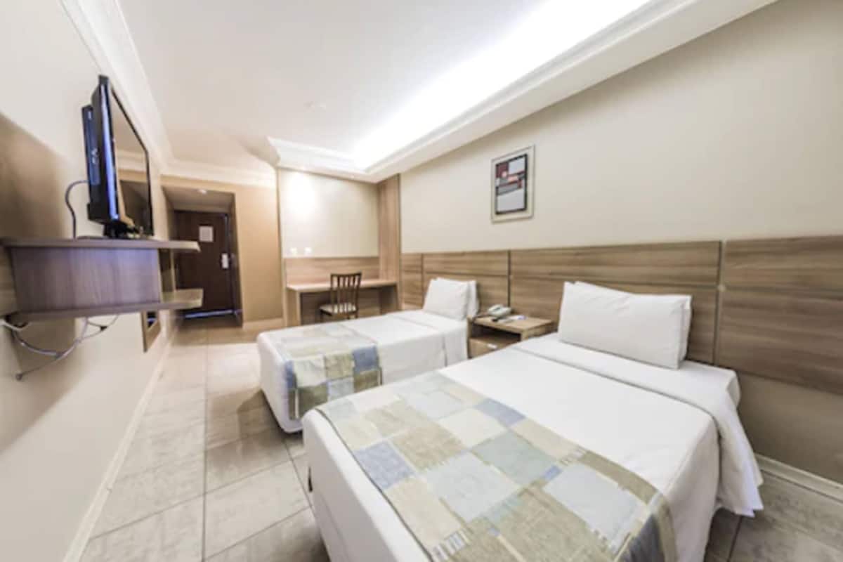 Habitación de hotel con dos camas, un escritorio, una silla, un televisor y un cuadro en la pared.
