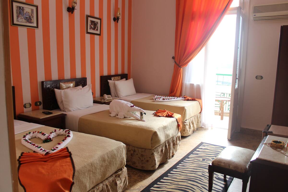 Ein Hotelzimmer mit gestreifter Wandgestaltung, zwei Betten, einem Teppich mit Zebra-Muster und Blick ins Freie.
