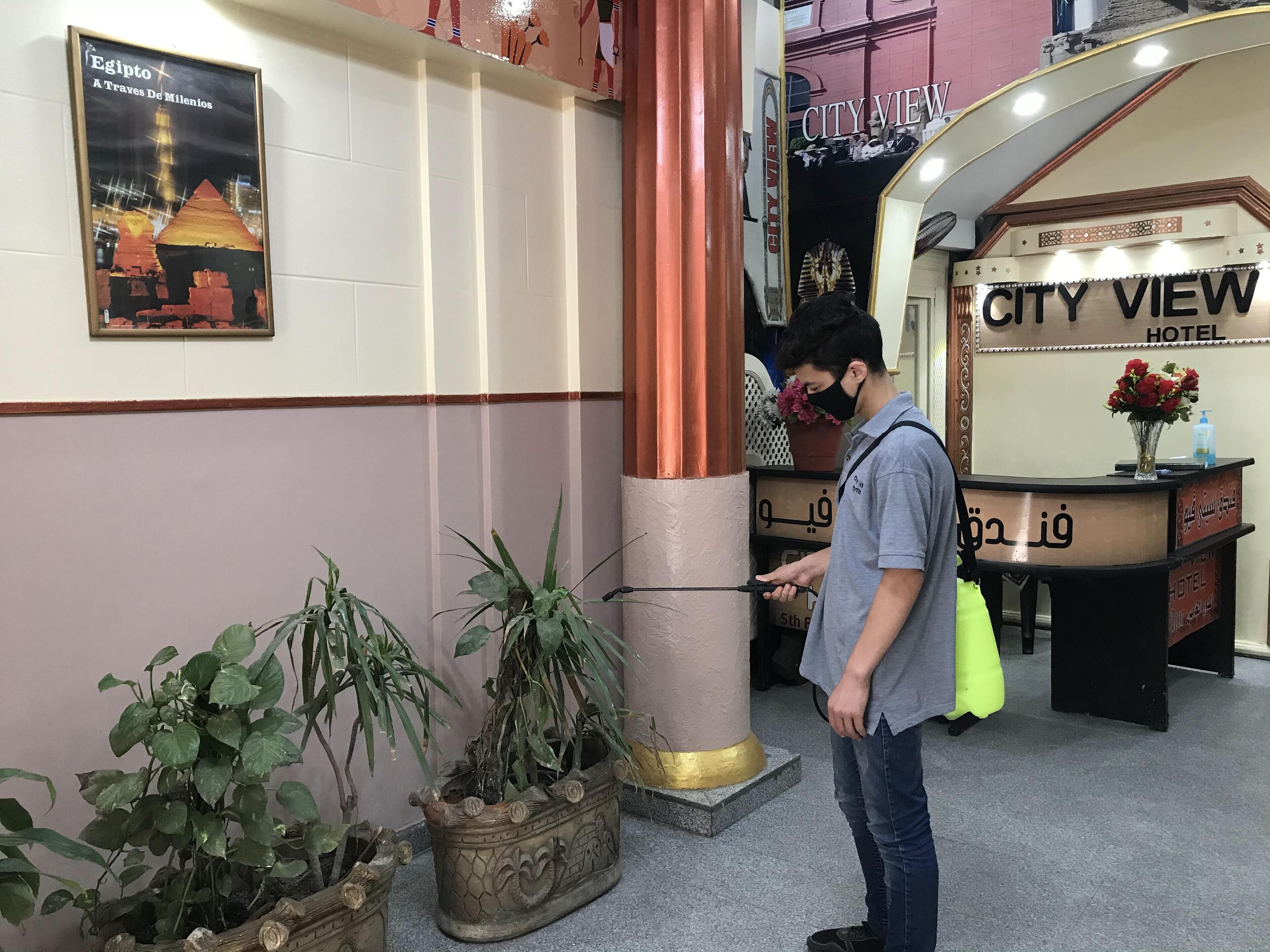 Zona de recepción de hotel con un letrero que dice 'City View', un cartel de Egipto y plantas en macetas.