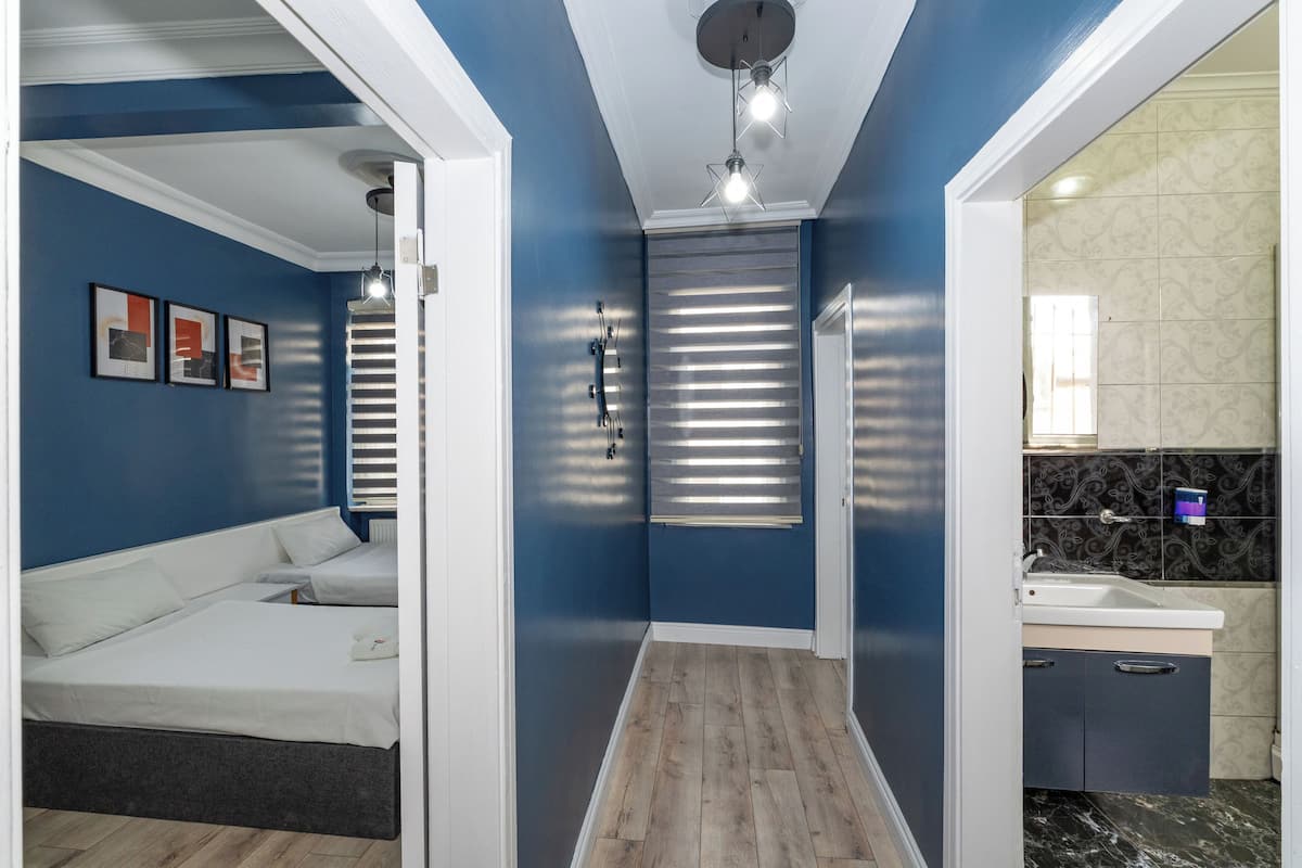 A bedroom with a bed, a bathroom with a sink, and a shower area.