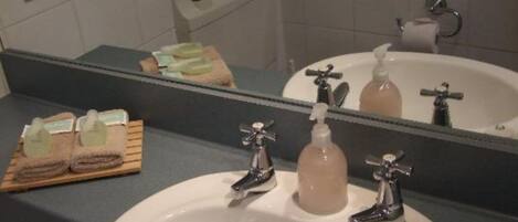 A bathroom with a white sink, two faucets, a soap dispenser, and a mirror reflecting a toilet paper holder and a towel dispenser.