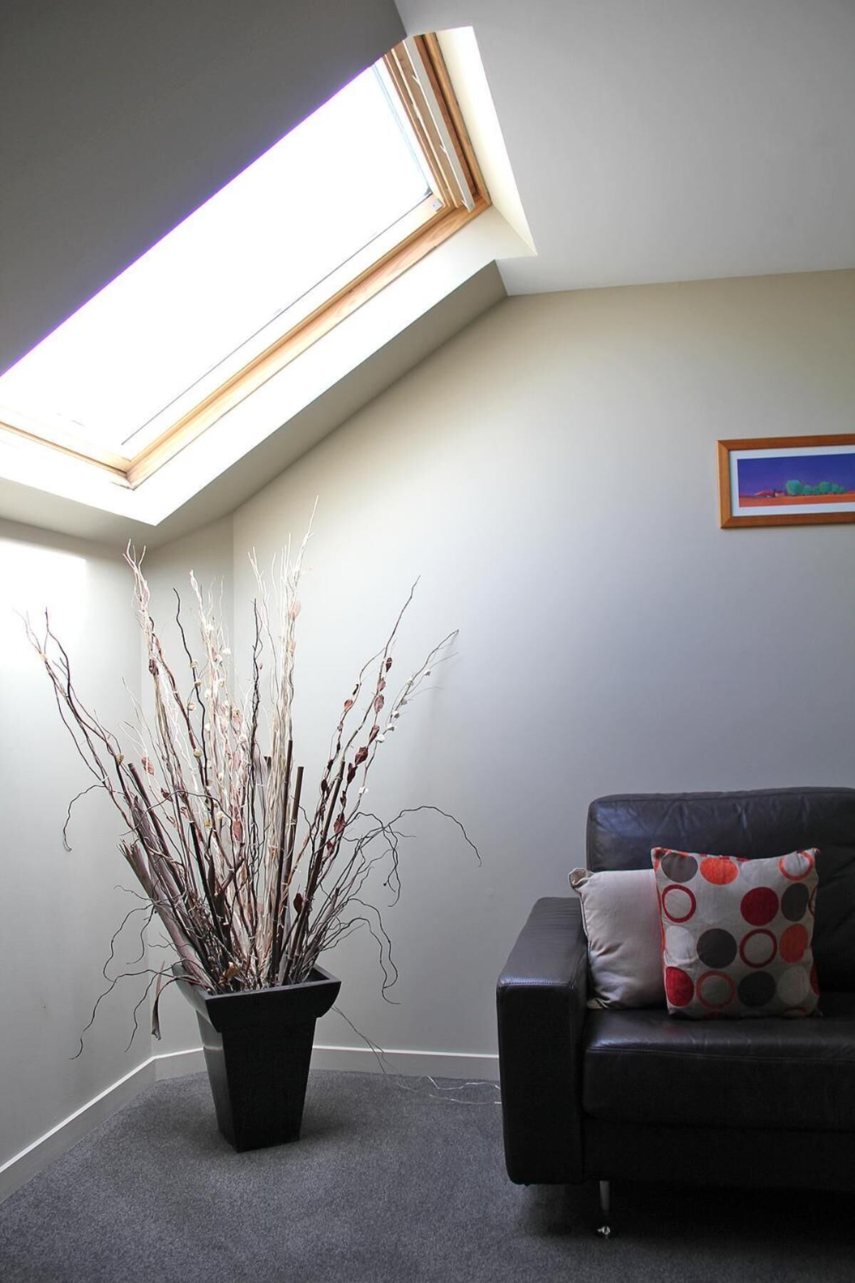 A room with a skylight, a black leather sofa, a patterned pillow, and a potted plant.