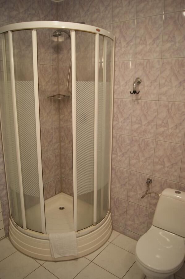 Cabina de ducha en esquina con puerta de vidrio, inodoro y pared con azulejos de mármol.