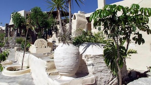A courtyard with a large white urn, palm trees, and a stone wall.
